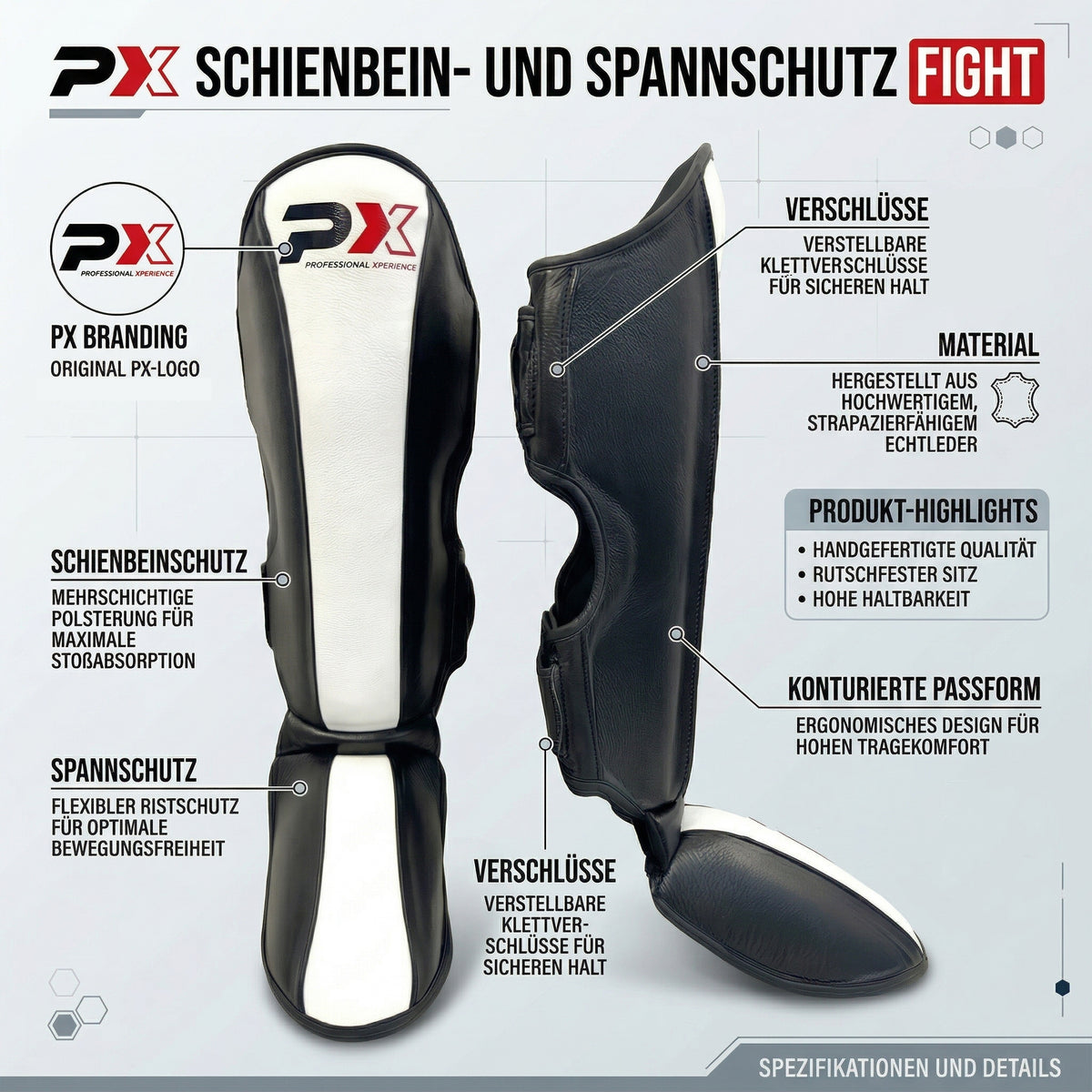 PX FIGHT Schienbein-Spannschutz, Leder, XXL