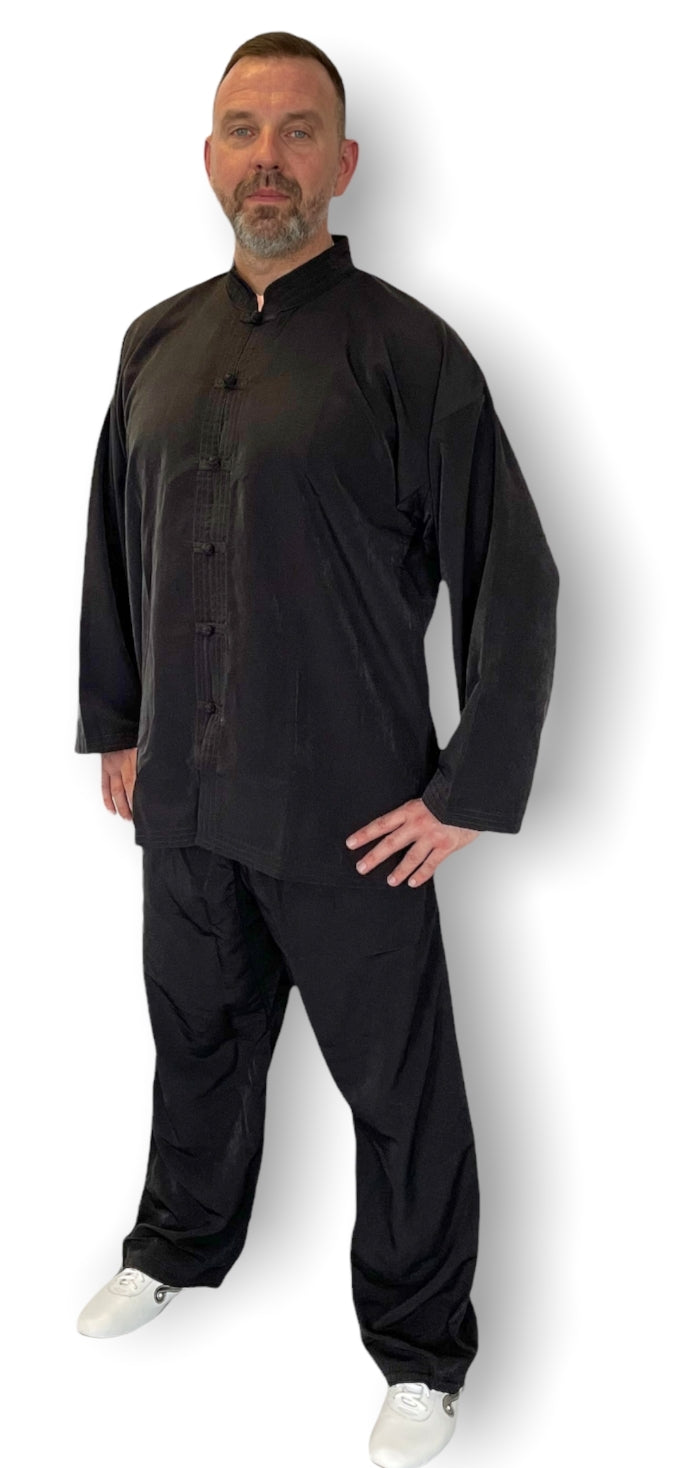 Tai Chi Anzug Kunstseide, schwarz 180